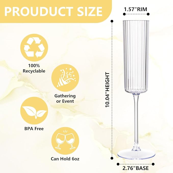 36 Pack Clear Plastic Champagne Flutes - 6oz Ribbed Disposable Champagne Glasses - Clear Vintage Mimosa Glasses with Long Stem - Elegant Sparkling Wine Stemware for Weddings, Parties