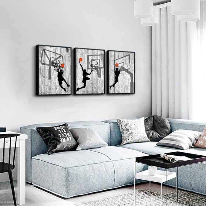 Black Framed Wall Art For Living Room Boy's Bedroom Wall Decor Artwork Office Wall Hanging Decor Black And White Prints Framed Pictures Play Basketball Sport Painting Modern Home Decoration 3 Piece