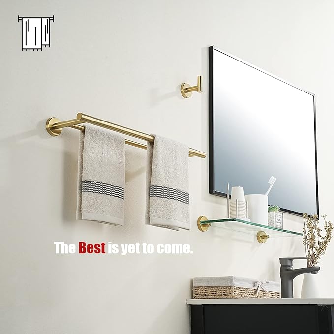 JQK Gold Double Towel Bar, 20.5 Inch 304 Stainless Steel Thicken 0.8mm Towel Rack Bathroom, Towel Holder Brushed Gold Wall Mount, Useable Length 18 Inch 2 Pack, TB100L18-BG-P2
