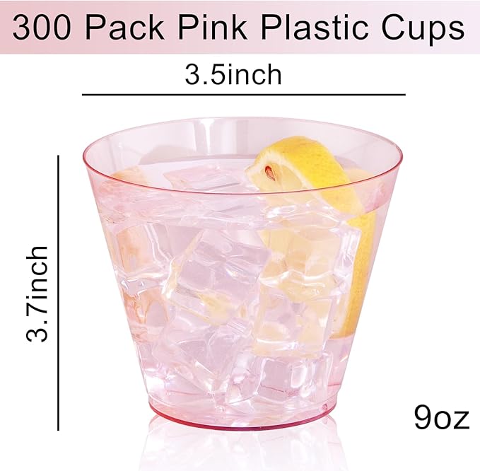 Ciaell 300PCS Clear Pink Plastic Cups - 9 Oz Heavy Duty Plastic Cups - Clear Party Cup Disposable Wine Cup for Parties & Weddings & Party