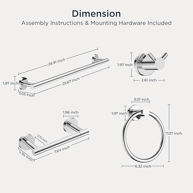 FORIOUS Bathroom Hardware Accessories Set, SUS304 Stainless Steel 24 Inch Towel Bar Set, Modern Towel Racks Holder for Bathroom Wall Mounted, 4 Pieces, Chrome