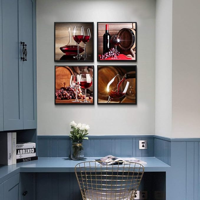 TTHYUEWS Black Framed Wall Art For Kitchen Dining Room Decor Wine Glass Wall Paintings Still Life Wine Fruit Goblet Frame Wall Pictures Artwork Bar Restaurant Decoration Home Decor 4 Piece
