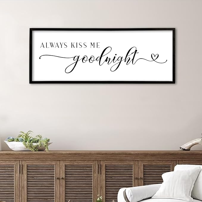 Always Kiss Me Goodnight Sign Wall Decor 40"X15" Master Bedroom Above Bed Large Wooden Framed for Couples Over Bed Wall Hanging Art (Black)