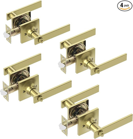 4 Pack Brushed Gold Door Handles - Privacy Door Levers Set, Keyless Interior Door Knobs, Modern Heavy Duty Square Door Lock for Bedroom or Bathroom, Reversible for Left Right Sided Doors
