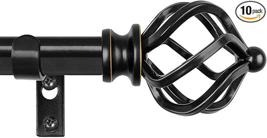 KAMANINA Black Curtain Rods for Windows 72 to 144 Inch, Long Curtain Rod 32 to 144 Inches (2.6-12ft), 6/8 In Splicing Adjustable Single Drapery Rod with Twisted Cage Finial