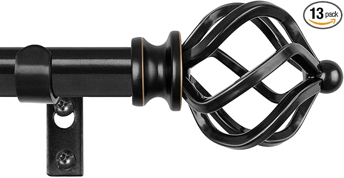 KAMANINA Black Curtain Rods for Windows 48 to 84 Inch, Adjustable Single Curtain Rod 32 to 86 Inch(2.6-7.1ft), 3/4 Inch Splicing Drapery Rods with Twisted Cage Finial