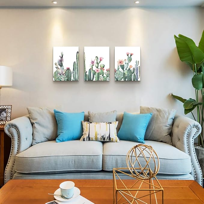 Canvas Wall Art For Living Room Family Wall Decor For Bedroom Kitchen Wall Art Pictures Artwork Prints Green Succulent Cactus Wall Painting Modern Framed Bathroom Home Decorations 12" X 16"3 Piece