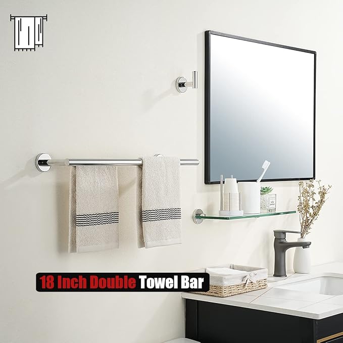JQK Chrome Double Towel Bar, 19 Inch 304 Stainless Steel Thicken 0.8mm Towel Rack Bathroom, Towel Holder Polished Steel Wall Mount, Useable Length 16 Inch, TB100L16-CH