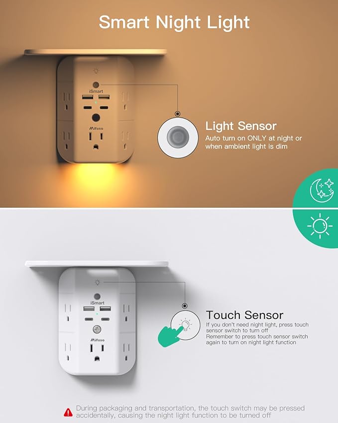 ☐ Wall Outlet Extender with Shelf & Night Light – USB Surge Protector