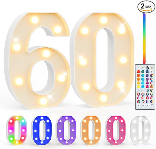 Pooqla 60th Birthday Decorations for Men Women, 35 Colors LED Light Up Numbers with Remote, Multicolor Marquee Numbers 60 Sign for Party Wedding Anniversary Decor 60th Birthday Gift, Number 60