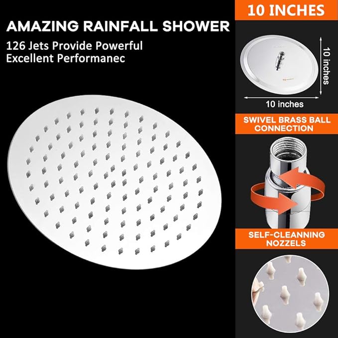 NearMoon Rain Shower Head with 11'' Adjustable Arm, High Pressure Stainless Steel Rainfall Shower, Ultra-Thin Design - Pressure Boosting (10 Inch, Chrome)