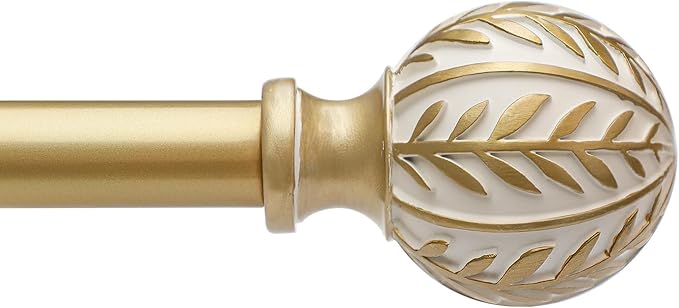 Gold Curtain Rods for Windows 48 to 84 inch,1" Adjustable Heavy Duty Window Curtain Rod with Leaf Finials,Rustic Decorative Drapery Rods Set,Size:36-88''
