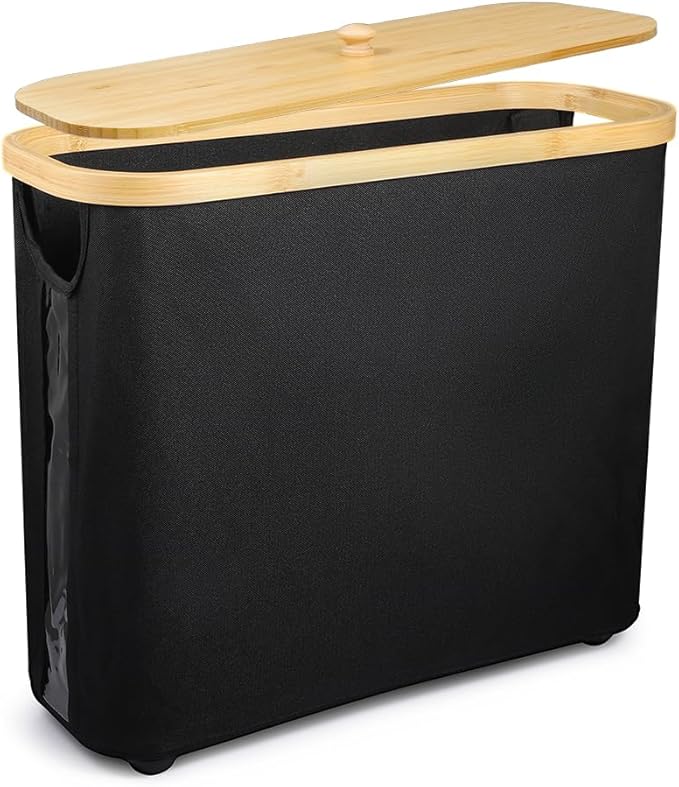 Picowe Toilet Paper Organizer Basket, Black, Holds 9-12 Rolls, With Lid and Easy-Grip Handle, Foldable for Storage, Suitable for Bathroom and Sink