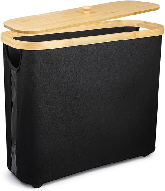 Picowe Toilet Paper Organizer Basket, Black, Holds 9-12 Rolls, With Lid and Easy-Grip Handle, Foldable for Storage, Suitable for Bathroom and Sink