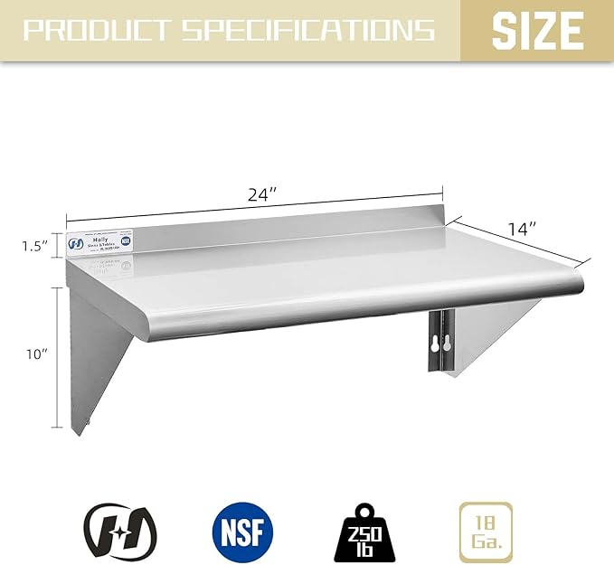 Hally Stainless Steel Shelf 14 x 24 Inches 250 lb Commercial Wall Mount Floating Shelving for Restaurant, Kitchen, Home and Hotel