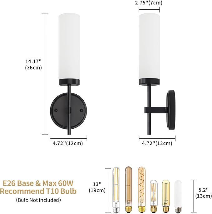 Modern Black Wall Sconces Hardwired Bathroom Vanity Lights with White Frosted Glass, Sconces Wall Decor Set of 2, Wall Sconce Lighting Indoor Wall Lights for Bedroom Living Room Hallway UL-Listed