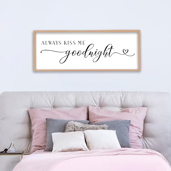 Always Kiss Me Goodnight Sign Wall Decor 40"X15" Master Bedroom Above Bed Large Wooden Framed for Couples Over Bed Wall Hanging Art (Wood)