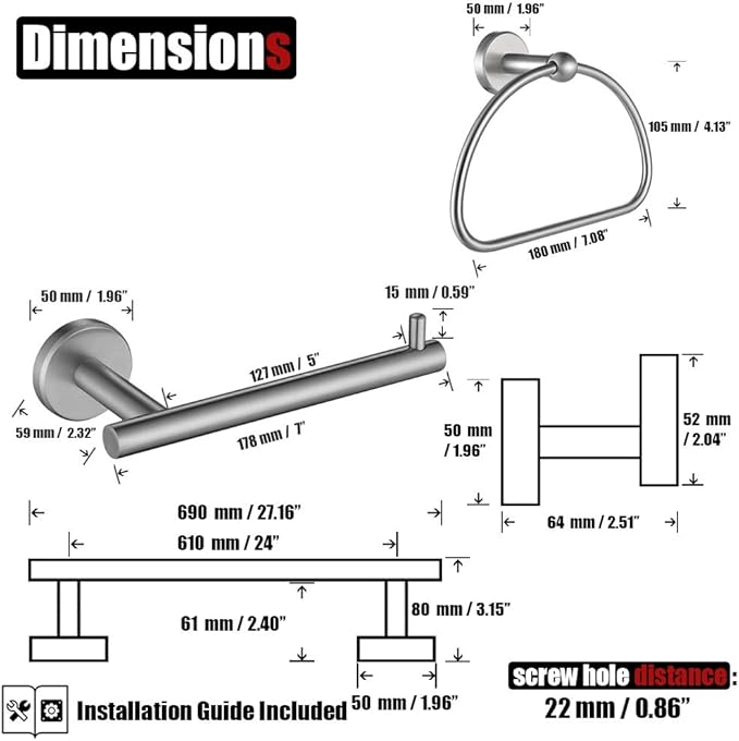 JQK Bathroom Hardware Set, 5-Piece Bath Accessories Set Brushed Finished Wall Mount Includes 24 in Towel Bar, 7 in Towel Ring, Toilet Paper Holder, 2 Towel Hooks, BAS165-BN