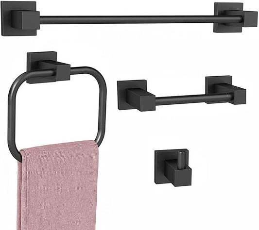 Matte Black Bathroom Accessories Set, 4 Pieces Bathroom Hardware Set with Towel Racks for Bathroom,16 Inch Towel Bar, Stainlless Steel Bathroom Set Wall Mounted