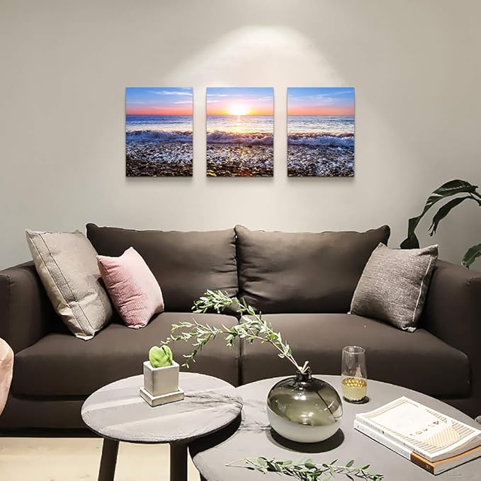 Wall Art For Living Room Blue Ocean Sea Canvas Wall Decor for Home artwork Painting 12" x 16" 3 Pieces Canvas Print For bedroom Decor Modern Salon kitchen office Hang a picture Beach Sun ocean