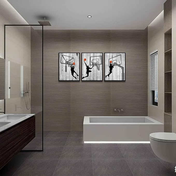 Black Framed Wall Art For Living Room Boy's Bedroom Wall Decor Artwork Office Wall Hanging Decor Black And White Prints Framed Pictures Play Basketball Sport Painting Modern Home Decoration 3 Piece