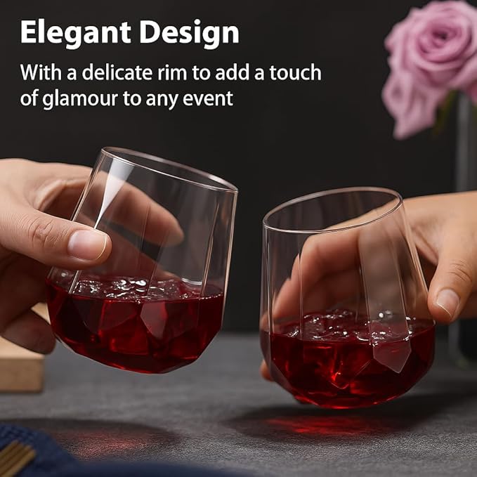 40 count Diamond Unbreakable Stemless Plastic Wine Champagne Whiskey Glasses Elegant Durable Disposable Indoor Outdoor Home office wedding bars 12 Ounce (Classic Old Fashioned Clear)