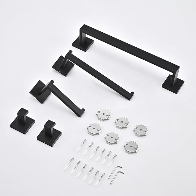 5 Piece Bathroom Hardware Set Matte Black, SUS304 Stainless Steel Towel Bar Set, Modern Square Accessories with 16 Inch Rack Toilet Paper Holder Robe Hooks (Matte Black)