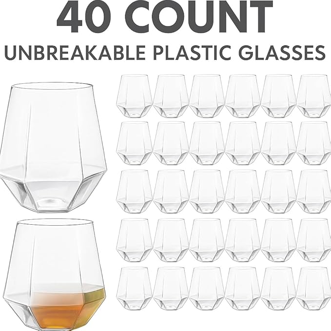 Oojami 40 count Diamond Unbreakable Stemless Plastic Wine Champagne Whiskey Glasses Elegant Durable Disposable Indoor Outdoor Ideal for Home, Office, Bars, Wedding, 12 Ounce Cups (Clear)