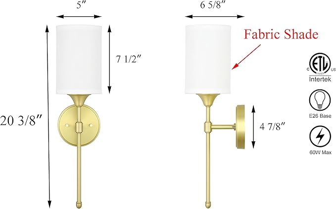 XiNBEi Lighting Wall Sconce Lighting, Vintage 1 Light Bathroom Sconce Vanity Light with Fabric Shade Satin Brass Finish for Corridor Bedroom & Living Room XB-W1260-SB