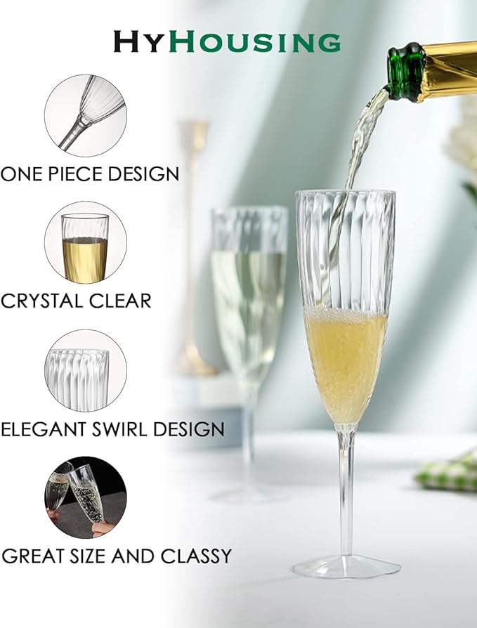 Clear Plastic Champagne Glasses, Hard Disposable Plastic Champagne Flute Ideal for Party Wedding Toasting Drinking Wine (6-OZ 16 Count)