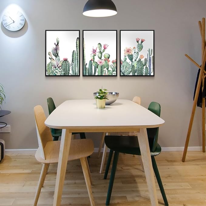 TTHYUEWS Black Framed Wall Art - 3 Piece Framed Prints - Green Succulent Cactus Wall Paintings - Living Room & Bedroom Decor