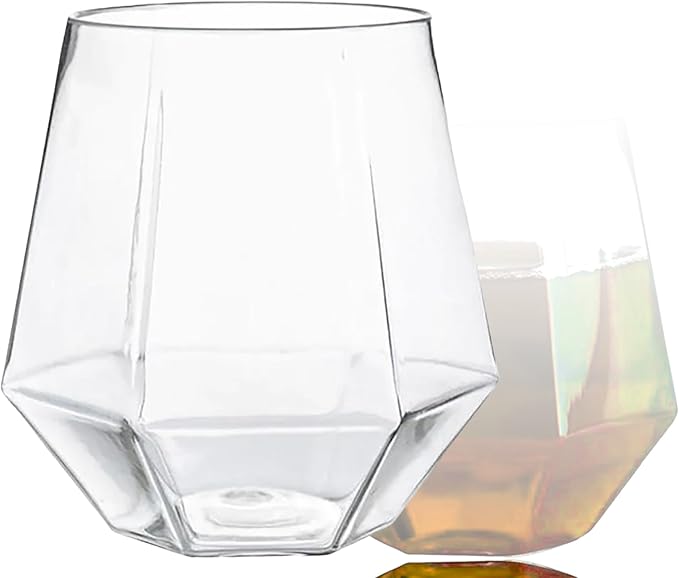 Oojami 40 count Diamond Unbreakable Stemless Plastic Wine Champagne Whiskey Glasses Elegant Durable Disposable Indoor Outdoor Ideal for Home, Office, Bars, Wedding, 12 Ounce Cups (Clear)