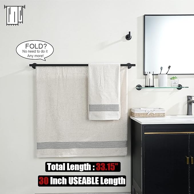 JQK Double Bath Towel Bar, Matte Black 33 Inch 304 Stainless Steel Thicken 0.8mm Towel Rack for Bathroom, Towel Holder Wall Mount, Useable Length 30 Inch, TB100L30-PB