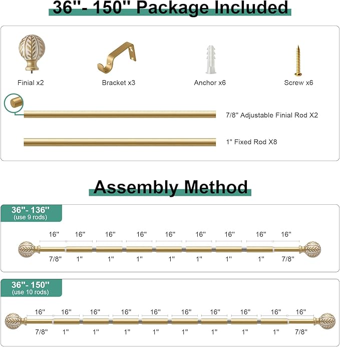 Gold Curtain Rods for Windows 72 to 144 inch,1" Adjustable Heavy Duty Window Curtain Rod Leaf Finials,Rustic Decorative Drapery Rods Set,Size:36-150''