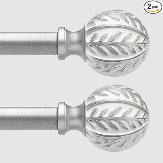 2 Pack Silver Curtain Rods for Windows 28 to 48 inch,1" Adjustable Heavy Duty Window Curtain Rod with Leaf Finials,Rustic Decorative Drapery Rods Set,Size:18-60''