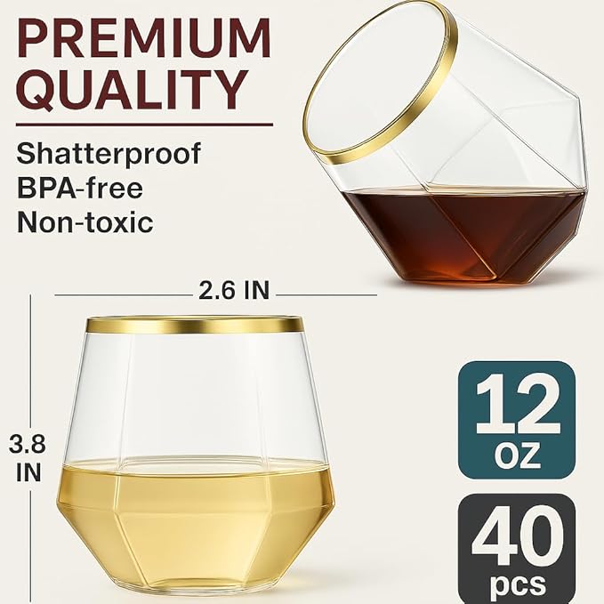 Oojami 40 count Diamond Unbreakable Stemless Plastic Wine Champagne Whiskey Glasses Elegant Durable Disposable Indoor Outdoor Ideal for Home, Office, Bars, Wedding, 12 Ounce Cups Gold Rim (Gold)