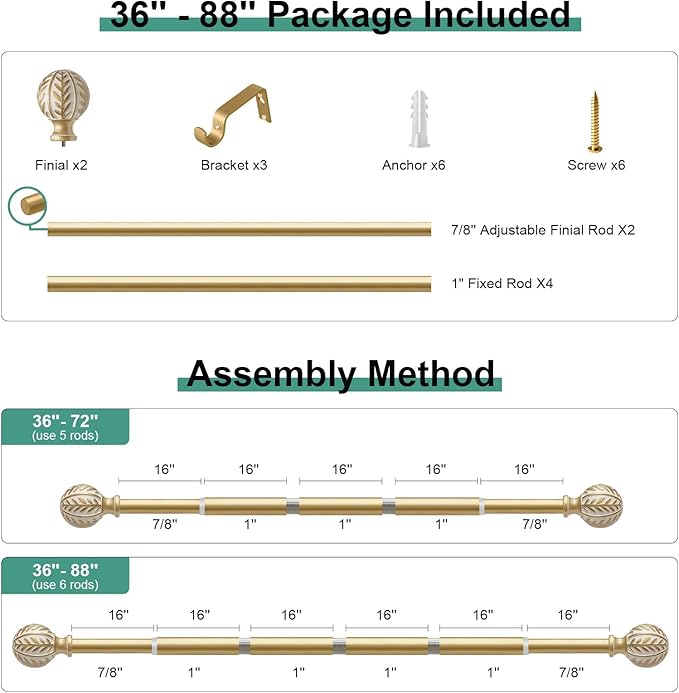 Gold Curtain Rods for Windows 48 to 84 inch,1" Adjustable Heavy Duty Window Curtain Rod with Leaf Finials,Rustic Decorative Drapery Rods Set,Size:36-88''