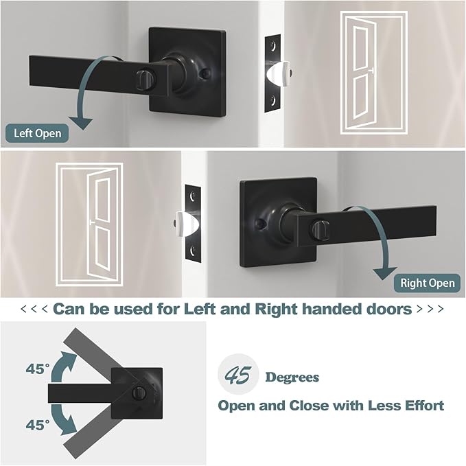 4 Pack Matte Black Door Handles - Privacy Door Levers Set, Keyless Black Interior Door Knobs, Modern Heavy Duty Square Door Lock for Bedroom or Bathroom, Reversible for Left Right Sided Doors