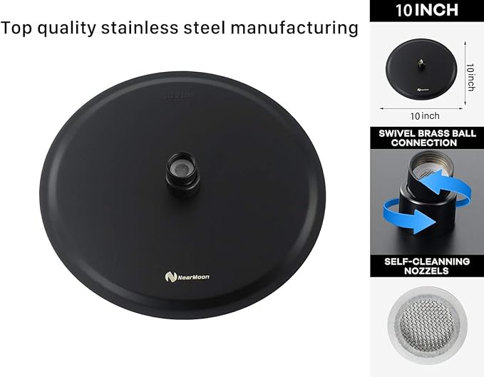 NearMoon Rain Shower Head with 11'' Adjustable Arm, High Pressure Stainless Steel Rainfall Shower, Ultra-Thin Design - Pressure Boosting (10 Inch, Matte Black)