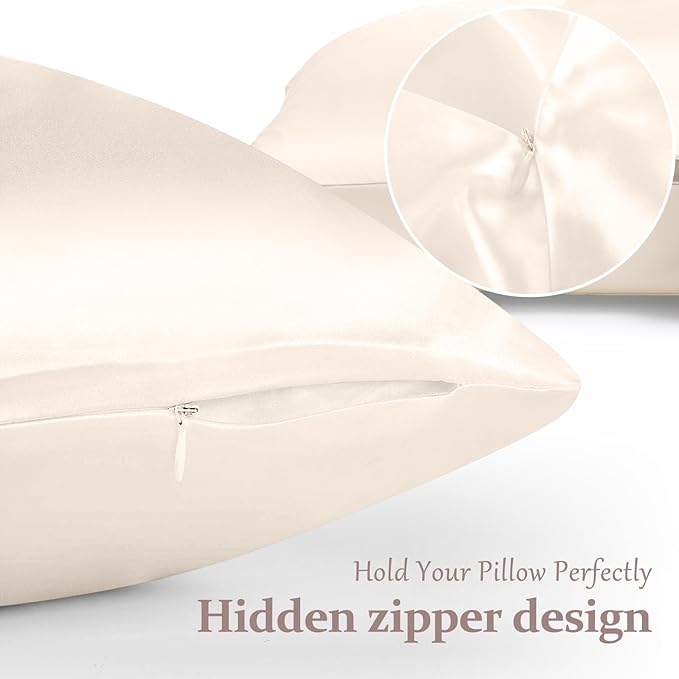 2 Pack 100% Pure Silk Pillowcase for Hair and Skin, Both Sides Mulberry Silk Pillowcases with Hidden Zipper, Cooling Pillowcase 19 Momme, 600 Thread Silk Pillow Cases King Size, Beige