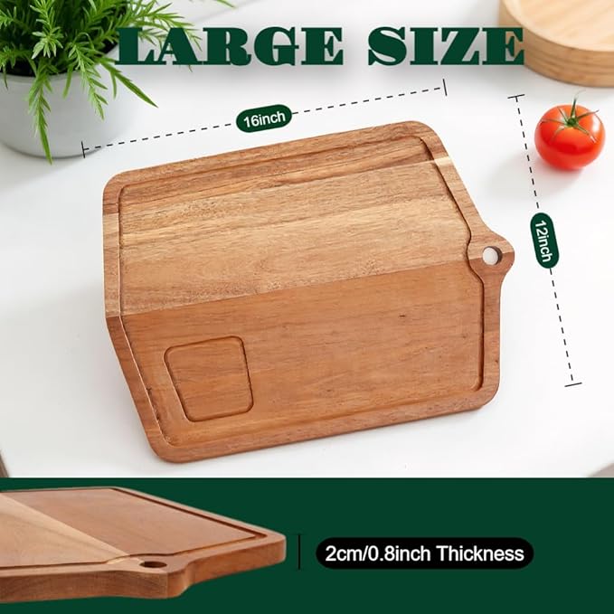 Acacia Wood Cutting Board 16 x 12 In, Wooden Cutting Boards for Kitchen Non Toxic Dishwasher Safe Non Slip, Large Cutting Board for Meat, Charcuterie, Chopping