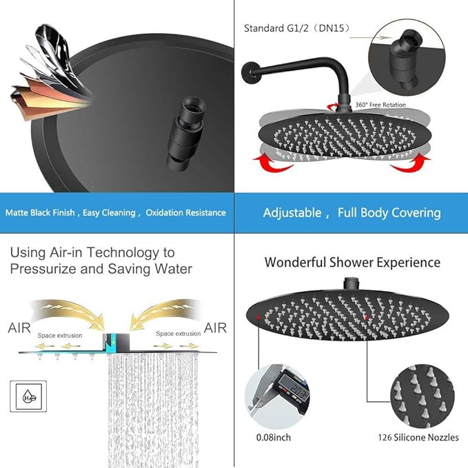 NearMoon Rain Shower Head with 11'' Adjustable Arm, High Pressure Stainless Steel Rainfall Shower, Ultra-Thin Design - Pressure Boosting (10 Inch, Matte Black)