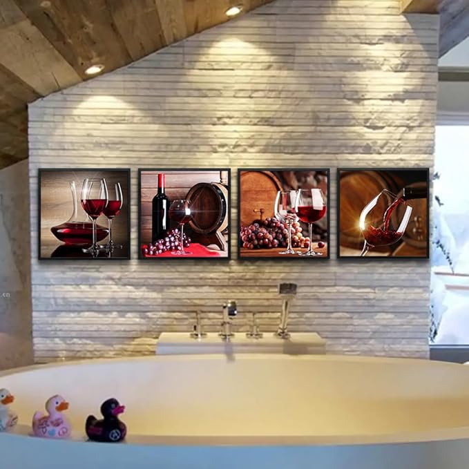TTHYUEWS Black Framed Wall Art For Kitchen Dining Room Decor Wine Glass Wall Paintings Still Life Wine Fruit Goblet Frame Wall Pictures Artwork Bar Restaurant Decoration Home Decor 4 Piece