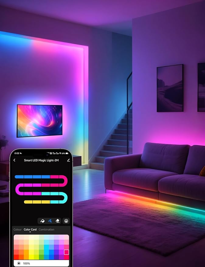RGB+IC LED Strip Light, 32.8ft Smart LED Light for Bedroom, Bluetooth APP Control, Color Changing LED Strip Lighting, 44 Scene Modes, Music Sync, TV Backlight Behind Strip, Home Decor, Gaming Room