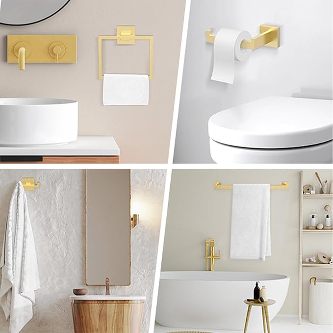 BOZWELL 4 Pieces Light Brushed Gold Stainless Steel Towel Bar Set, 23.6 inch Square Bathroom Hardware Accessories Set,Wall Mounted Towel Racks for Bathroom