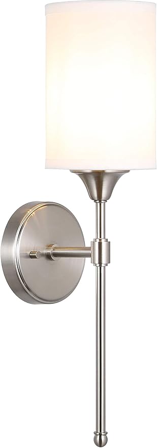 XiNBEi Lighting Wall Sconce Lighting, Modern 1 Light Bathroom Sconce Vanity Light with Fabric Shade Brushed Nickel Finish for Corridor Bedroom & Living Room XB-W1260-BN