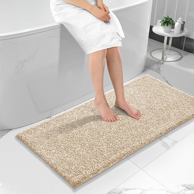 Yimobra Bathroom Runner Rug Non Slip Washable, Soft Absorbent Microfiber Long Bath Mat, Dual-Tone Decor Rug with Rubber Backing for Floor, Tub and Hallway,56x24,Home Essentials,Light Beige and White