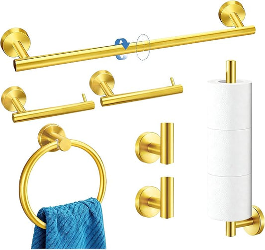 7-Piece Golden Bathroom Hardware Set - 7-in-1 Towel Rack Set, 23.6-inch SUS304 Stainless Steel Towel Bar and Toilet Paper Holder | Modern Bathroom Accessories (7, Golden)