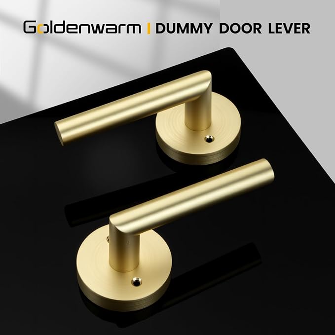 Goldenwarm Gold Door Handles Dummy, Bruhsed Gold Door Handle Zinc Alloy, No-Turning Dummy Door Levers for Closet Hallway(4 Pieces/2 Pack)