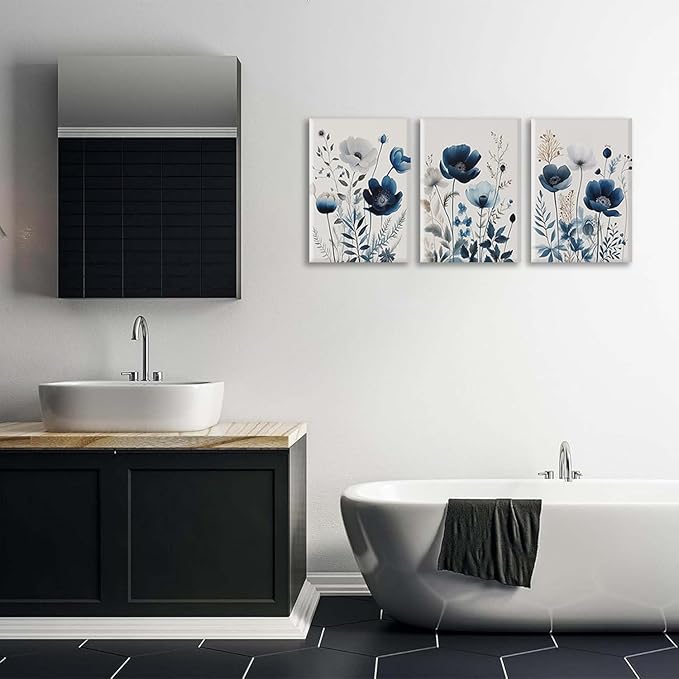BingruiArt Navy Blue Canvas Wall Art Blue and Gray Boho Flower Wall Decor Floral Watercolor Art Prints Pictures Painting for Living Room Bedroom Bathroom 3Pcs 12x16in Framed